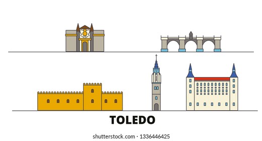 Spain, Toledo flat landmarks vector illustration. Spain, Toledo line city with famous travel sights, skyline, design. 