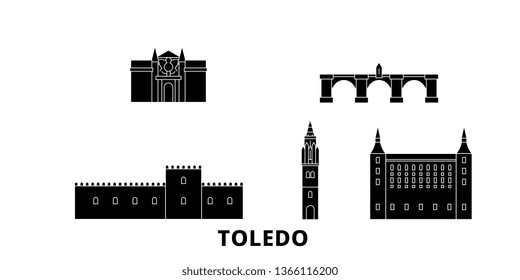 Spain, Toledo flat travel skyline set. Spain, Toledo black city vector illustration, symbol, travel sights, landmarks.