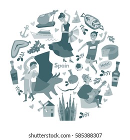 Spain, touristic symbols vector. Monochrome hand drawn illustration. Travel element of Spain. Cartoon banner, circular composition. Flat style landmark: flamenco, sangria, paella, bullfight and jamon