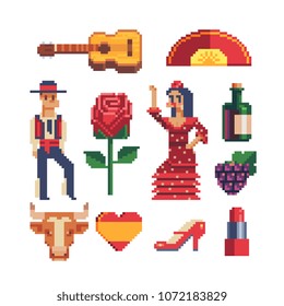 Spain traditional elements pixel art 80s style icons Part 3, guitar, Flamenco dancer man and woman character in national dress Isolated vector illustration. 8-bit. Design stickers, logo, app.