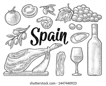 Spain traditional food set with jamon on wood, wine bottle and glass, bunch of grapes with berry and leaf, olives on branch, tomato, oyster, shrimp. Vector vintage black engraving isolated on white