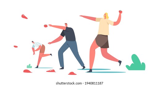 Spain Traditional Harvest La Tomatina Festival Celebration Concept, Tomato Holiday Entertainment. Happy Male and Female Characters Throw Vegetable to Eath Other. Cartoon People Vector Illustration