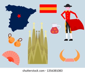 Spain traditional symbols set. Travel tourist element. Hola sign. Spain icons set. Spanish traditional symbols and objects.