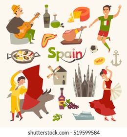 Spain traditional symbols set. Travel tourist element.Hola sign.Traditional spainish corrida, flamenco, guitar.Spanish food: jamon, olive oil, paella,sangria cartoon style.Isolated vector illustration