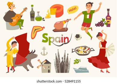 Spain traditional symbols set.Travel tourist element.Hola sign.Traditional spainish corrida; flamenco; guitar. Food: jamon; olive oil; paella; sangria cartoon style.Isolated vector illustration