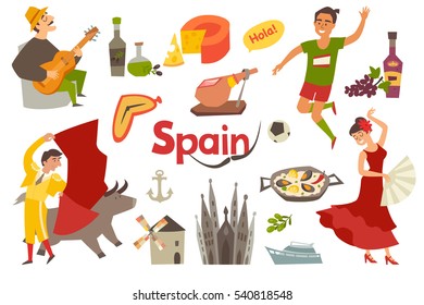 Spain traditional symbols set.Travel tourist element.Hola sign.Traditional spainish corrida; flamenco; guitar.Spanish food: jamon; olive oil; paella; sangria cartoon style.Isolated vector illustration