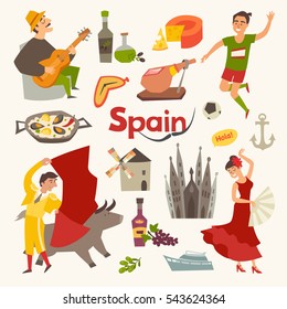 Spain traditional symbols set.Travel tourist element.Hola sign.Traditional spainish corrida, flamenco, guitar.Spanish food: jamon, olive oil, paella,sangria cartoon style.Isolated vector illustration