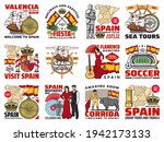 Spain travel agency tours, spanish culture and history emblems. Columbus ship, astrolabe and compass, spain national flag and coat of arms, knight, royal crown, flamenco dancer, soccer stadium vector