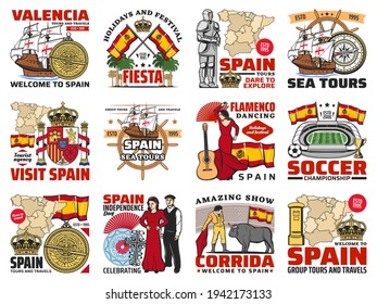 Spain travel agency tours, spanish culture and history emblems. Columbus ship, astrolabe and compass, spain national flag and coat of arms, knight, royal crown, flamenco dancer, soccer stadium vector