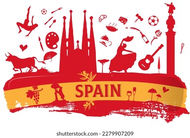 spain travel banner with icon and monuments on flag