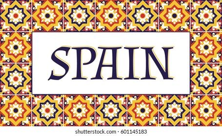 Spain travel banner vector. Tourism typography design with tiles pattern frame.