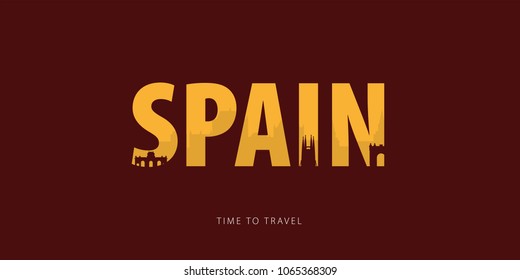 Spain. Travel bunner with silhouettes of sights. Time to travel. Vector illustration