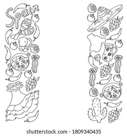Spain travel. Coloring page. Pattern with spanish vector doodles elements. Eat spanish food. Play spanish guitar, dance flamenco. Traditional icons of bull, wine, dresses.