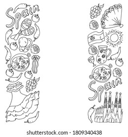Spain travel. Coloring page. Pattern with spanish vector doodles elements. Eat spanish food. Play spanish guitar, dance flamenco. Traditional icons of bull, wine, dresses.