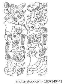 Spain travel. Coloring page. Pattern with spanish vector doodles elements. Eat spanish food. Play spanish guitar, dance flamenco. Traditional icons of bull, wine, dresses.