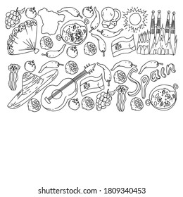 Spain travel. Coloring page. Pattern with spanish vector doodles elements. Eat spanish food. Play spanish guitar, dance flamenco. Traditional icons of bull, wine, dresses.