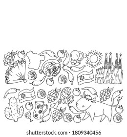 Spain travel. Coloring page. Pattern with spanish vector doodles elements. Eat spanish food. Play spanish guitar, dance flamenco. Traditional icons of bull, wine, dresses.