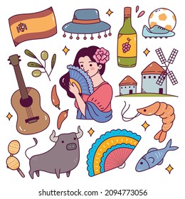 Spain Travel Destination Doodle Cartoon vector Illustration