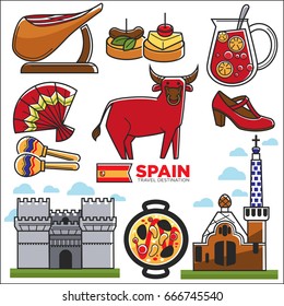 Spain travel destination promotional poster with customs illustrations