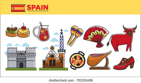 Spain travel destination promotional poster with country symbols