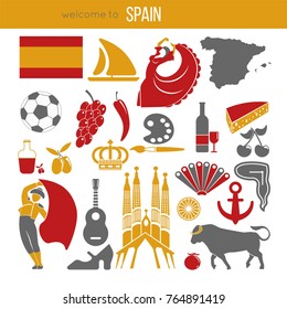 Spain travel destination promotional poster with customs vector illustrations