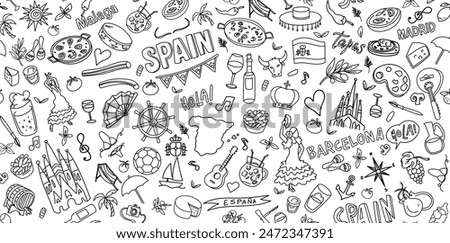 Spain Travel Doodle Line Art Illustration. Hand Drawn Vector Clip Art. background Banner Set Logos