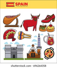 Spain travel famous landmark symbols and Spanish tourist culture attractions vector icons