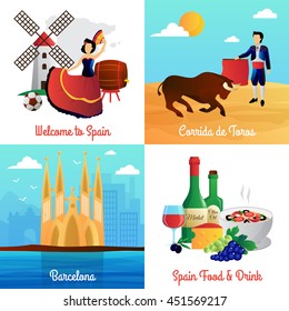 Spain travel with flamenco barcelona cathedral corrida and food 4 flat icons square poster abstract vector isolated illustration 