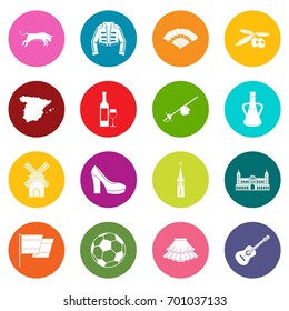 Spain travel icons many colors set isolated on white for digital marketing