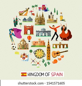 Spain Travel Icons. Spain Travel Map. Vector Illustration.