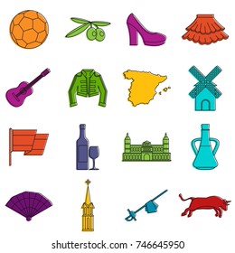 Spain travel icons set. Doodle illustration of vector icons isolated on white background for any web design