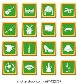 Spain travel icons set in green color isolated vector illustration for web and any design