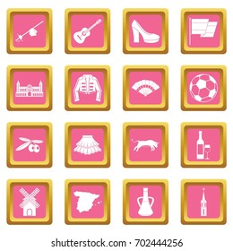 Spain travel icons set in pink color isolated vector illustration for web and any design