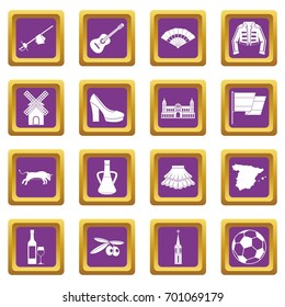 Spain travel icons set in purple color isolated vector illustration for web and any design