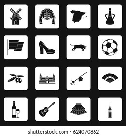 Spain travel icons set in white squares on black background simple style vector illustration