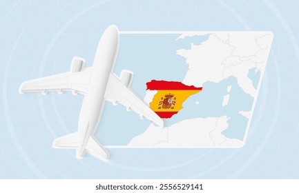 Spain Travel Illustration with Plane and National Flag. Ideal for travel agencies, promotional materials, or geographic content related to Spain.