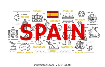 Spain travel and landmark line icons. Vector cultural signs of Spanish heritage and attractions. Knight, crown, corrida, stadium and mailbox. Flamenco, clothing and jamon, sheep cheese and sextant