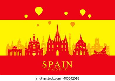 Spain Travel Landmarks Flag. Vector and Illustration