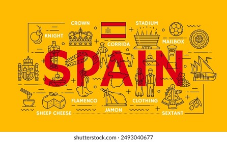 Spain travel landmarks line icons of Spanish culture, vector sightseeing attractions. Spain flag and national symbols of corrida and flamenco, cuisine jamon and cheese with music instrument castanets