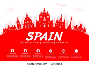 Spain Travel Landmarks. Vector and Illustration
