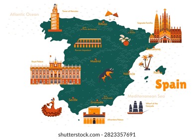 Spain Travel Map with Famous Landmarks, Cities and Tourist Attractions. Europe Vacation Guide Illustration