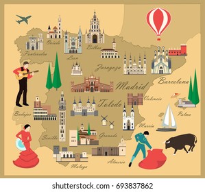 Spain travel map with sights flat style vector illustration. Popular buildings for tourists. Spanish map. Tourism and travel.