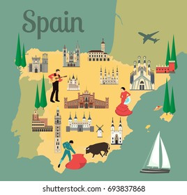 Spain travel map with sights flat style vector illustration. Popular buildings for tourists. Spanish map. Tourism and travel.