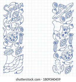 Spain travel. Pattern with spanish vector doodles elements. Eat spanish food. Play spanish guitar, dance flamenco. Traditional icons of bull, wine, dresses.