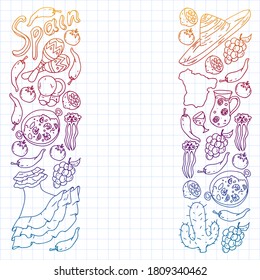 Spain travel. Pattern with spanish vector doodles elements. Eat spanish food. Play spanish guitar, dance flamenco. Traditional icons of bull, wine, dresses.