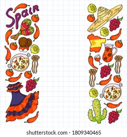 Spain travel. Pattern with spanish vector doodles elements. Eat spanish food. Play spanish guitar, dance flamenco. Traditional icons of bull, wine, dresses.