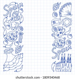 Spain travel. Pattern with spanish vector doodles elements. Eat spanish food. Play spanish guitar, dance flamenco. Traditional icons of bull, wine, dresses.