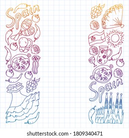 Spain travel. Pattern with spanish vector doodles elements. Eat spanish food. Play spanish guitar, dance flamenco. Traditional icons of bull, wine, dresses.