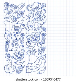 Spain travel. Pattern with spanish vector doodles elements. Eat spanish food. Play spanish guitar, dance flamenco. Traditional icons of bull, wine, dresses.