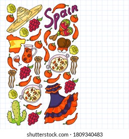 Spain travel. Pattern with spanish vector doodles elements. Eat spanish food. Play spanish guitar, dance flamenco. Traditional icons of bull, wine, dresses.